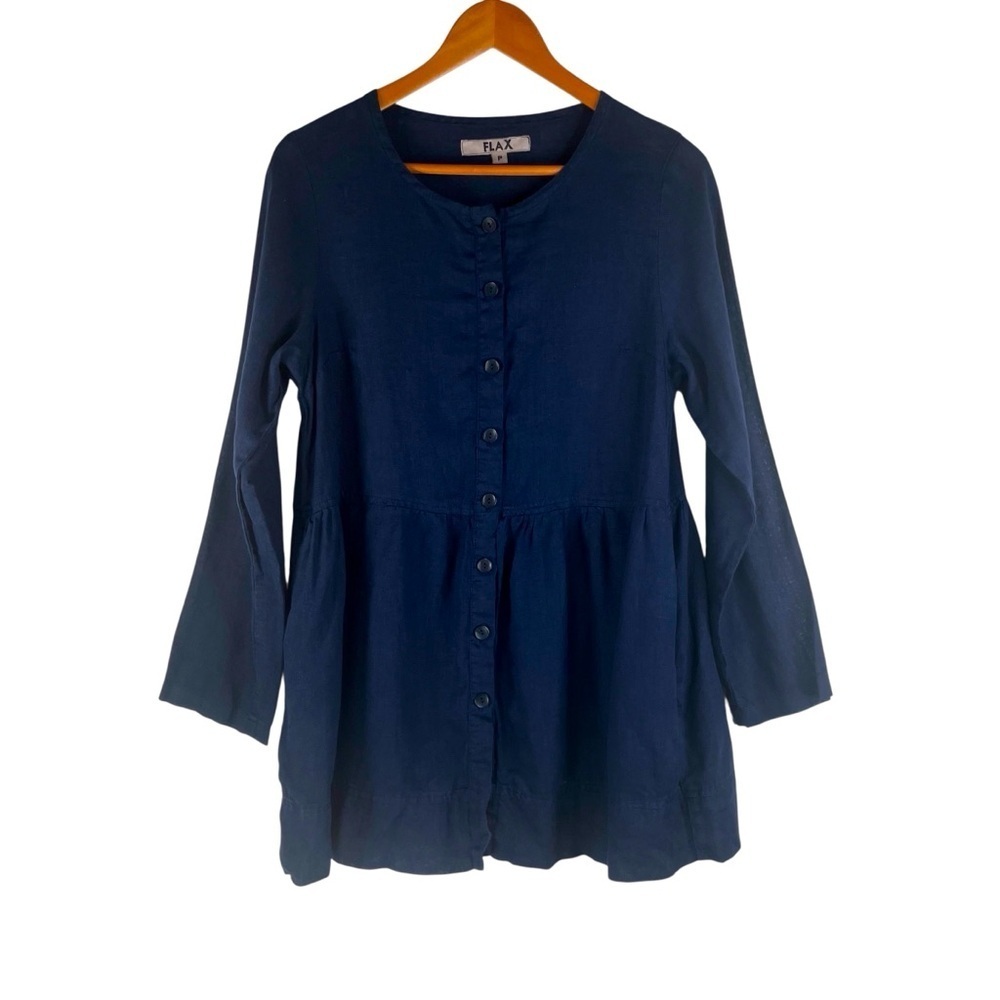 FLAX Women's Navy Blue Button-Down Top 100% Linen Lagenlook Size P or 4-6